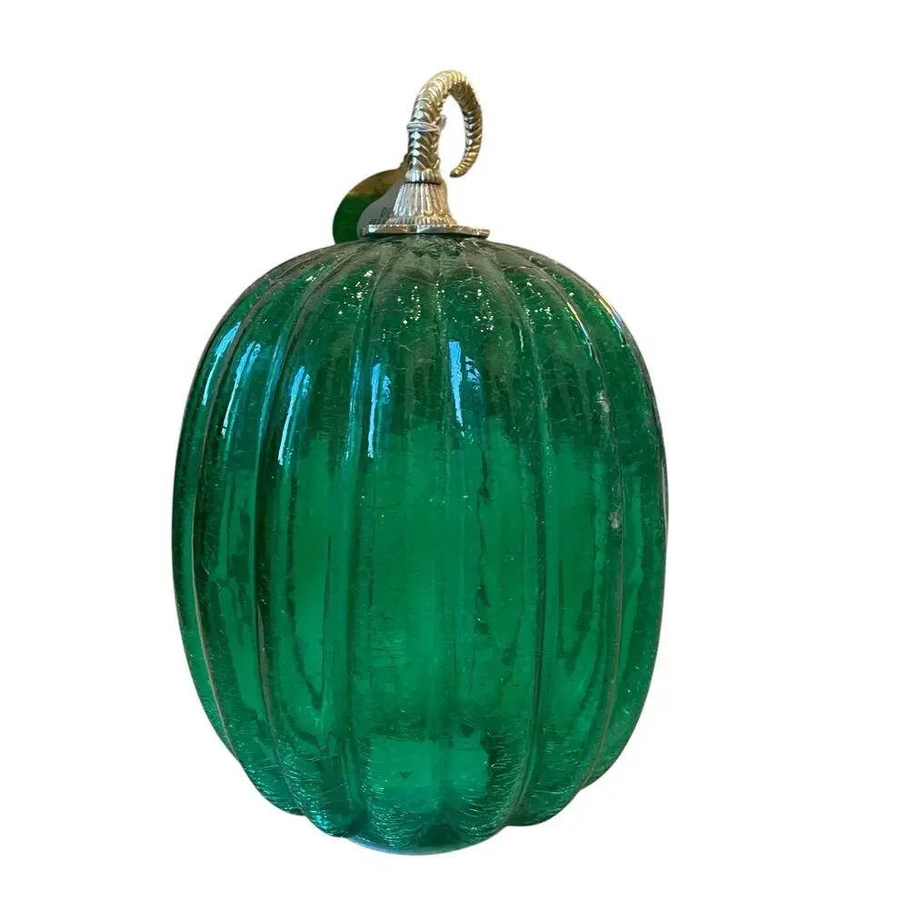 Illuminated LED Green Glass Pumpkin Gold Metal Stem 12.5